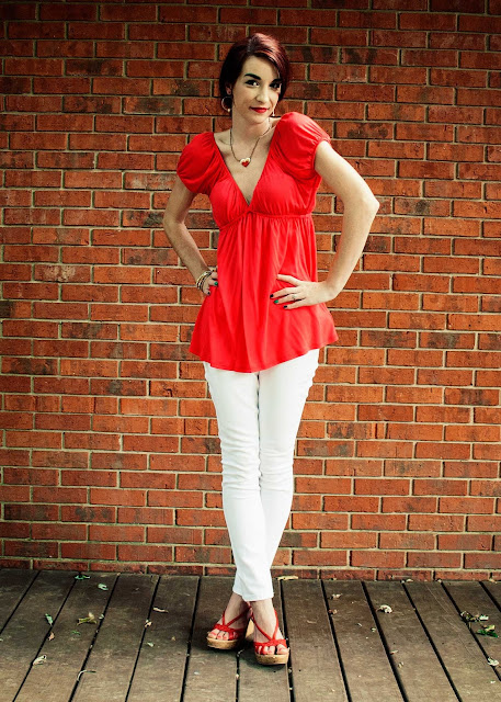 white jeans cutout back shirt wedges