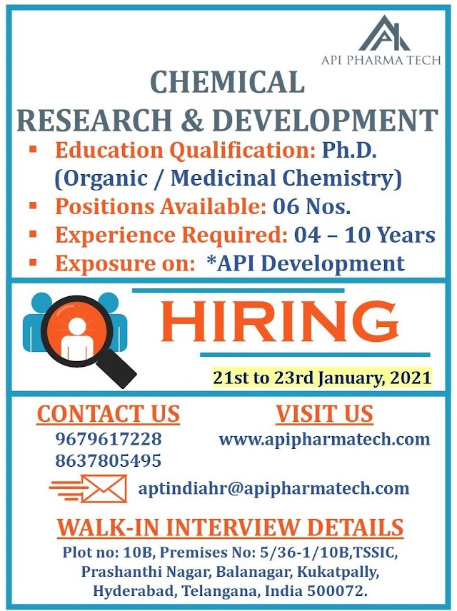 API Pharmatech | Walk-in interview for R&D on 21st&23rd Jan 2021