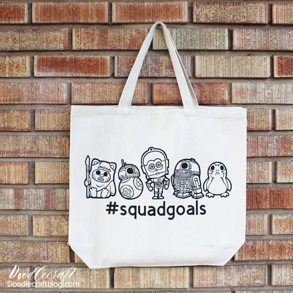 Make a cute Star Wars Squad Goals Cricut Iron-on Tote with a line up of adorable images, wicket the ewok, BB8, C3PO, R2D2 and a darling Porg.