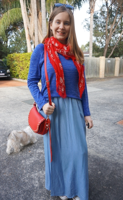 monochrome blue maxi skirt knit winter outfit with red accessories saddle bag | Away From Blue