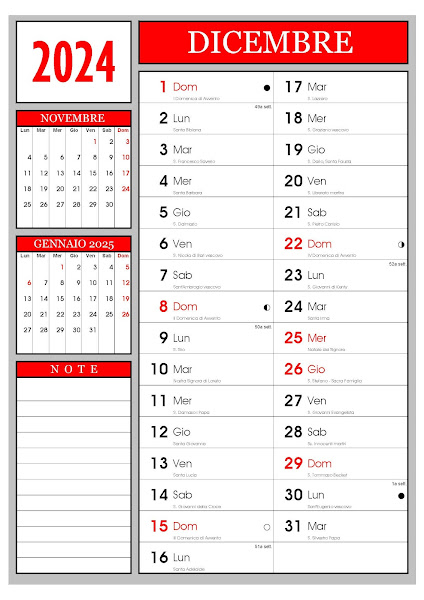 Dicembre - Calendario 2024 con santi e fasi lunari