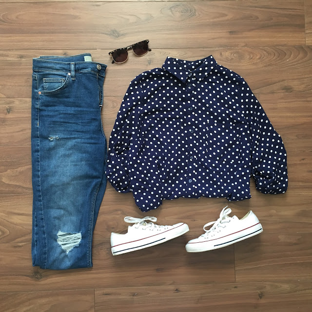 sweet allure fashion getting a little shirty flat lay outfit of the day converse jamie jeans topshop h&m shirt polkdots sunglasses