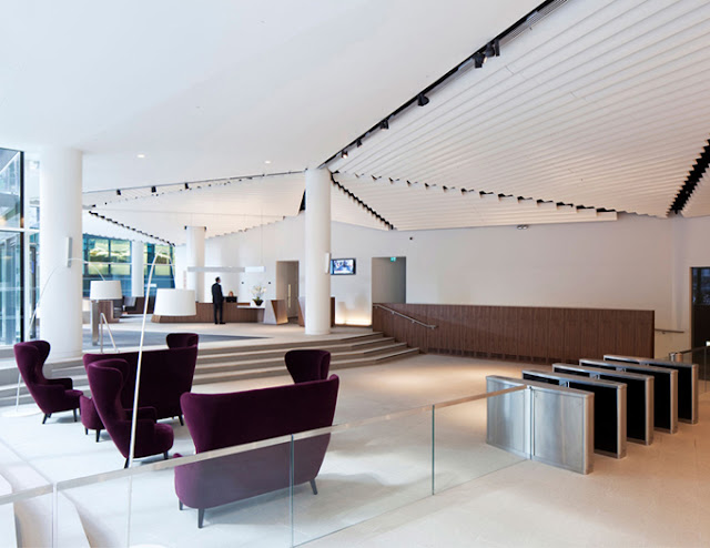 Photo of an interior and purple furniture in the lobby