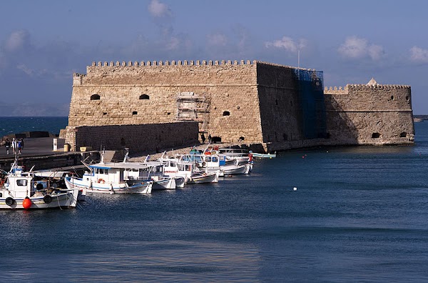 view of a harbor with Koules (Rocca al Mare) venetian fortress in Heraklion