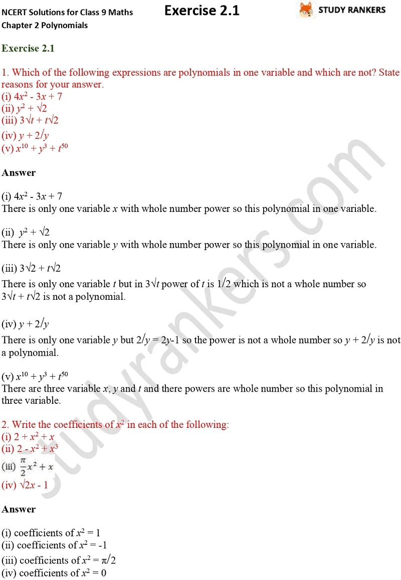 NCERT Solutions for Class 9 Maths Chapter 2 Polynomials Exercise 2.1 Part 1