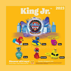 Burger King Toys 2023 includes a complete set of 6 Paw Patrol mighty movie figures including chase, liberty, marshall, rocky, rubble and skye