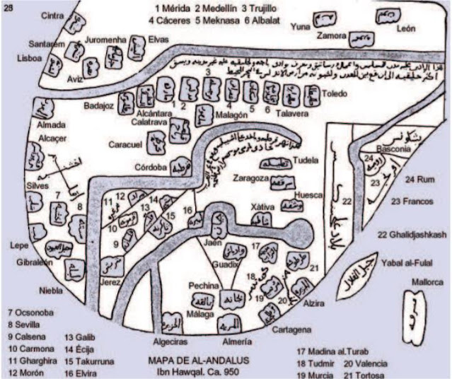 Mapa de Al-Ándalus del geógrafo iraquí Ibn Hawqal (s.X) donde localiza Sevilla, Mérida, León, Murcia, Zaragoza, Mallorca, Lisboa, Toledo, Valencia... y a Barcelona no, sería catalanófobo.