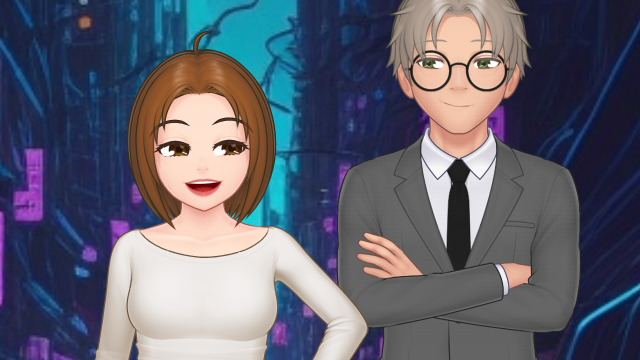 Mia and the Tourist Avatars created in Mannequin 2D Anime Character Generator. Background created with Leonardo.ai