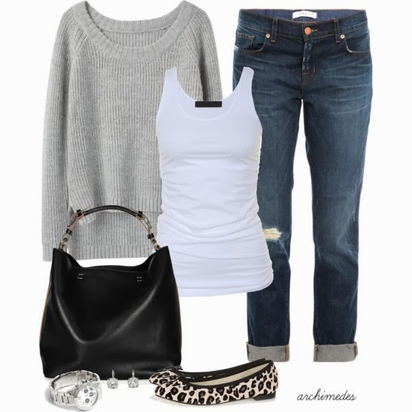 Grey sweater white blouse denim pants denim pants with sleeper