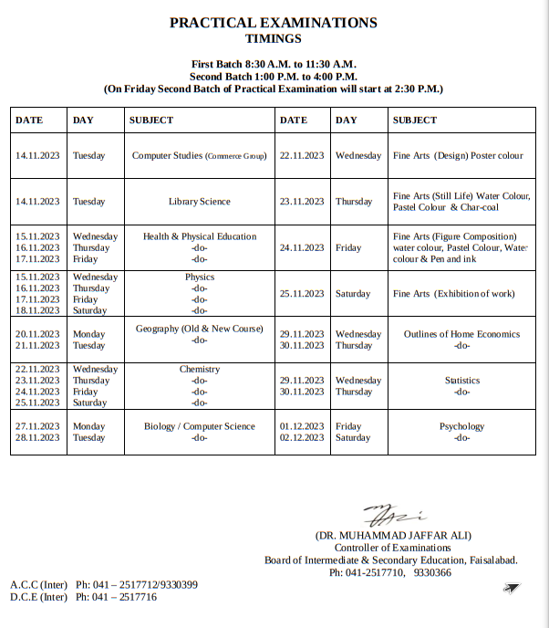 BISE Faisalabad Inter Date Sheet 2023 2nd Annual