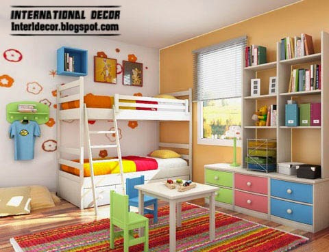 colorful kids bedroom furniture, white bed, bookshelf unit