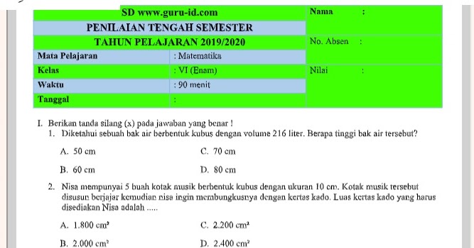 Soal PTS Matematika Kelas 6 semester 2 Terbaru 2020 Info Soal PTS Matematika Kelas 6 semester 2 Terbaru 2020 Info