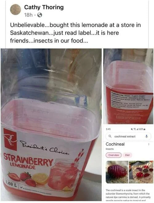 Tweet indicating that President’s Choice (a leading food provider in Canada) is including insect components in this product, as per the label, purchased at a store in Saskatchewan.