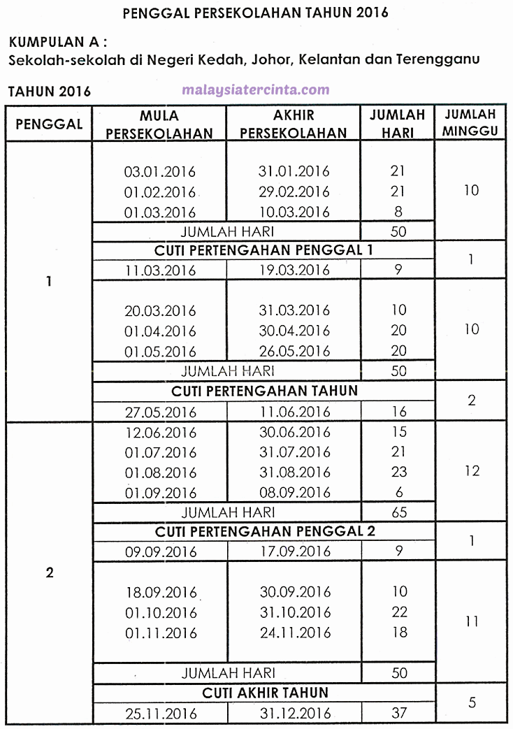 Takwim Kalendar Persekolahan Tahun 2016