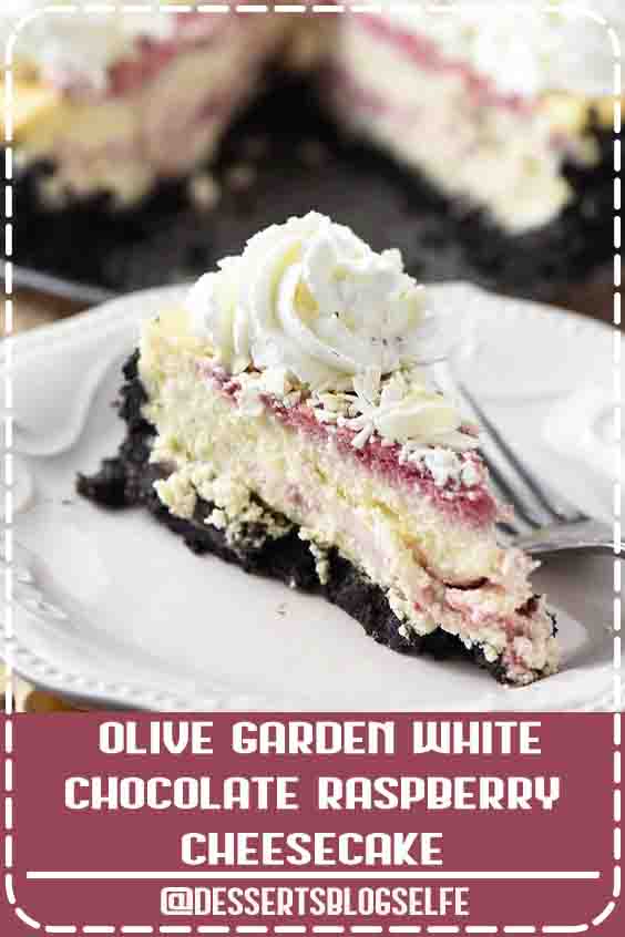 Make Olive Garden’s white chocolate raspberry cheesecake at home. Who doesn’t love a decadent homemade dessert with a raspberry swirl and Oreo cookie crust? #DessertsBlogSelfe #flouronmyfingers #cheesecake #OliveGarden #copycatrecipes #dessertrecipes #summerdesserts #raspberry