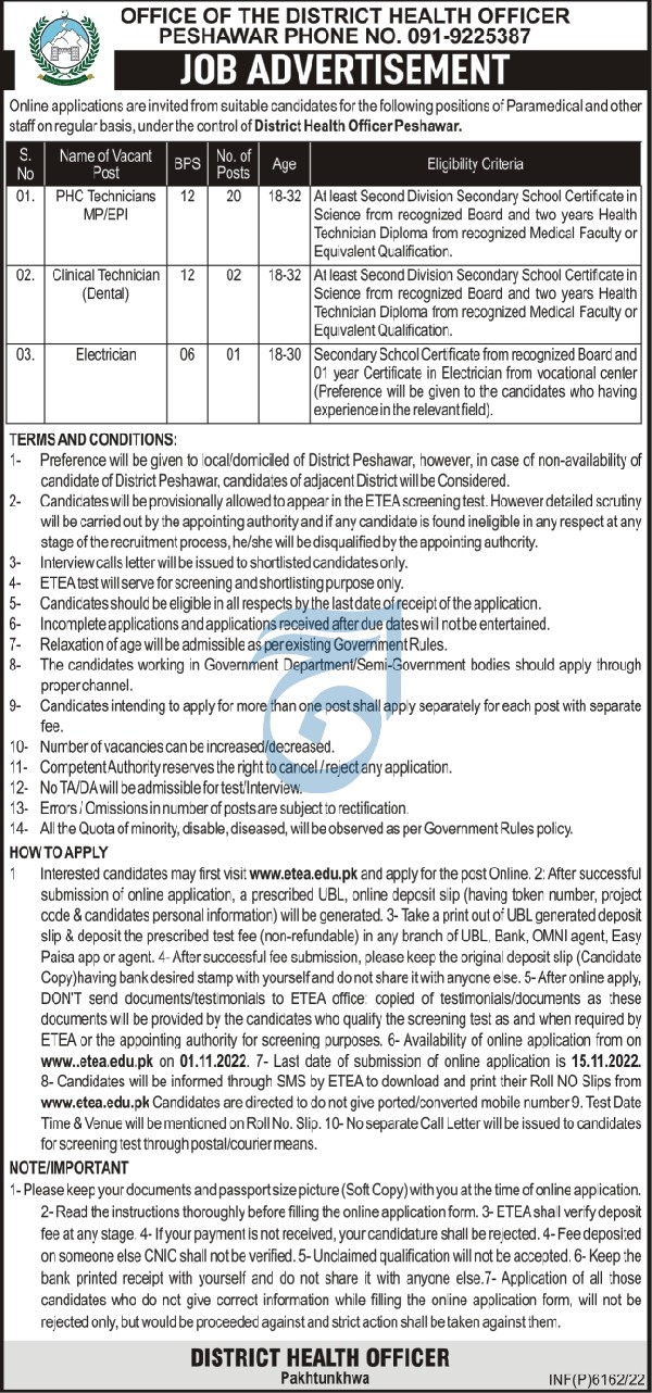 Latest Office of District Health Officer Management Posts Peshawar 2022