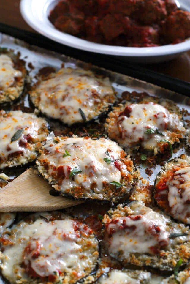 Sheet Pan Eggplant Parmesan on a foil-lined baking sheet.