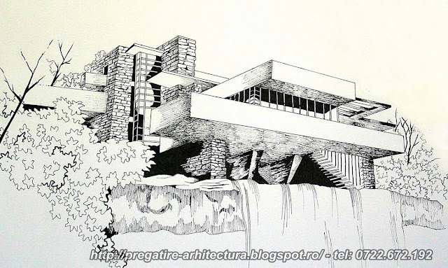 pregatire meditatii pentru admiterea la facultatea de arhitectura Desen Fallingwater (Kaufmann Residence) - Frank Lloyd Wright