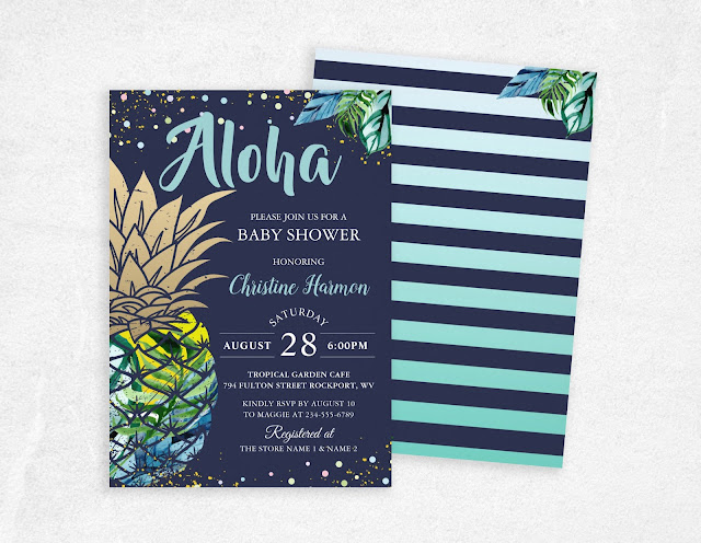 Navy Blue Tropical Pineapple Beach Baby Shower Invitation