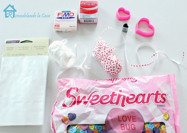 heart candy bag, clear bags, heart ribbon, polymer clay, cookie cutters