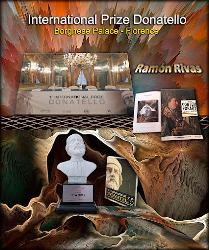 Mesa presidencial de la entrega de Premios en el Palacio Borghese de Florencia. También, aparece el Trofeo del Premio y las publicaciones con la obra de Ramón Rivas
