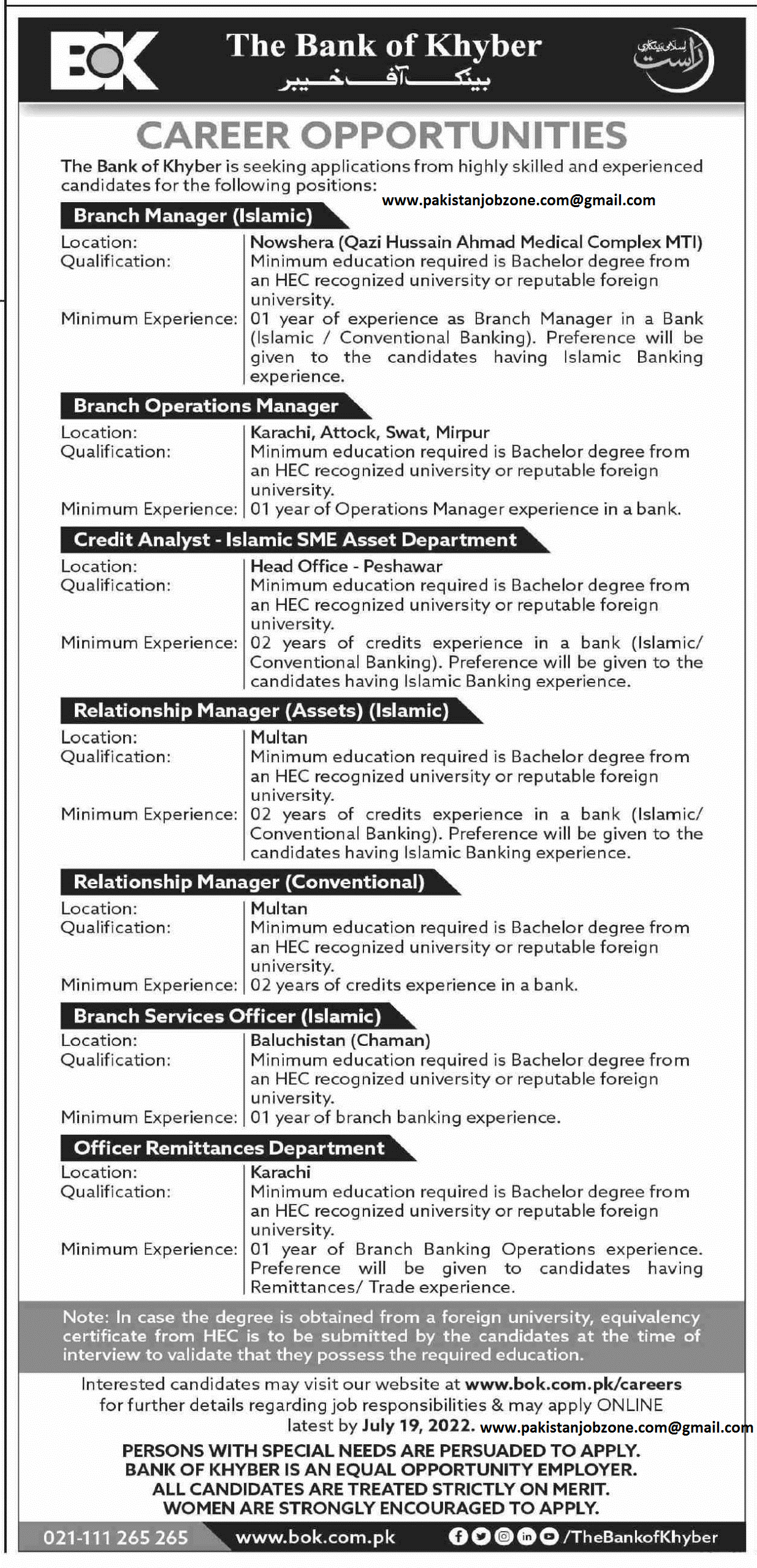 www.bok.com.pk Jobs 2022 - BOK Bank of Khyber Jobs 2022 in Pakistan