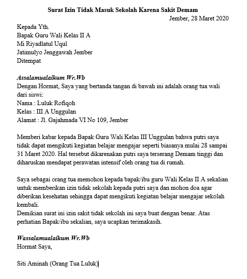 16 Contoh Surat Izin Tidak Masuk Sekolah 100 Pasti Di Izini Oleh Gurumu