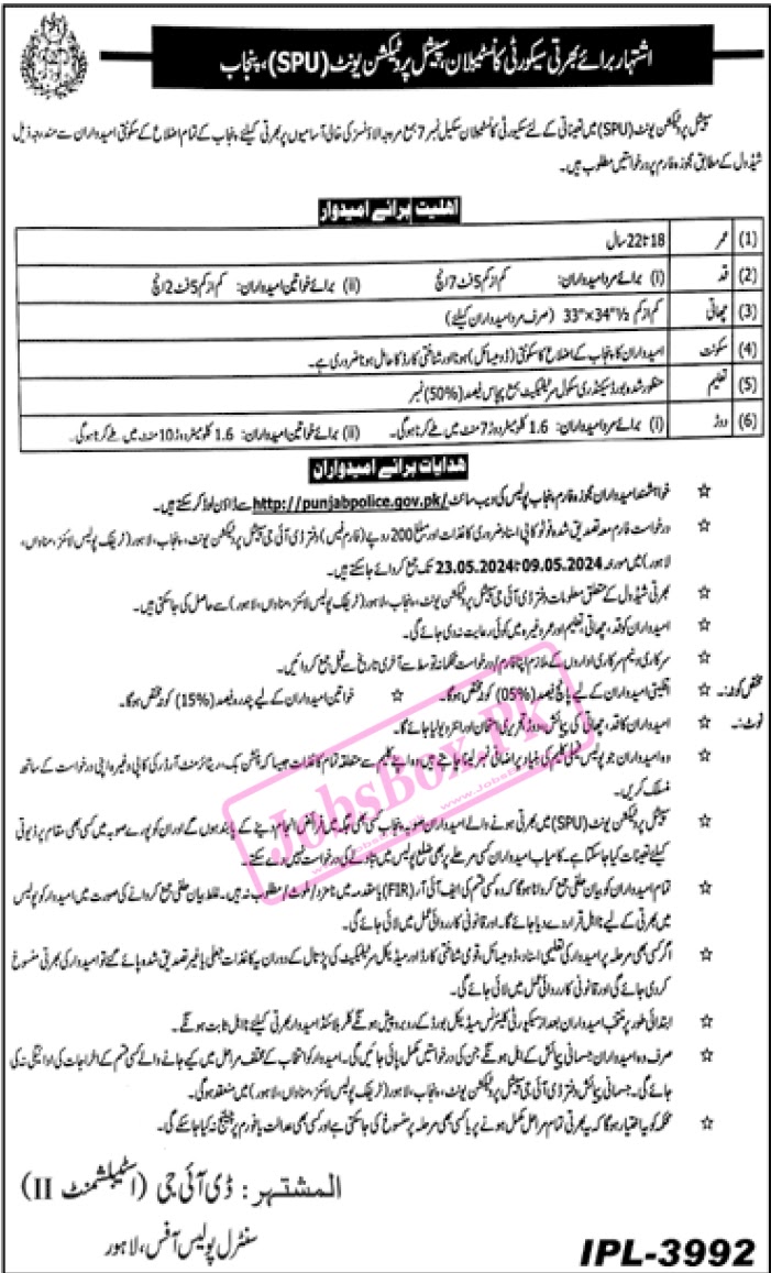 Special Protection Unit SPU Jobs 2024 Latest Advertisement