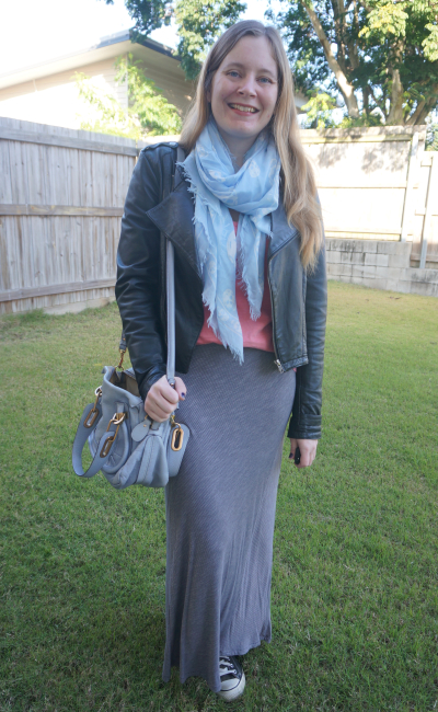leather jacket, skull scarf, pink tee and grey pinstripe maxi skirt winter outfit | awayfromblue