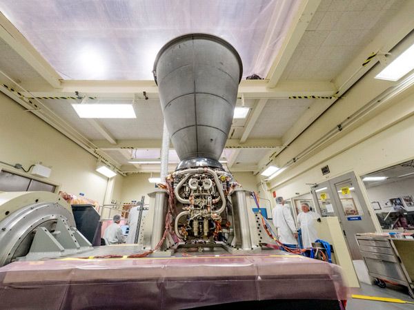 A file photo of the Orbital Maneuvering System engine that will fly on the Orion spacecraft for NASA's Artemis 1 mission.