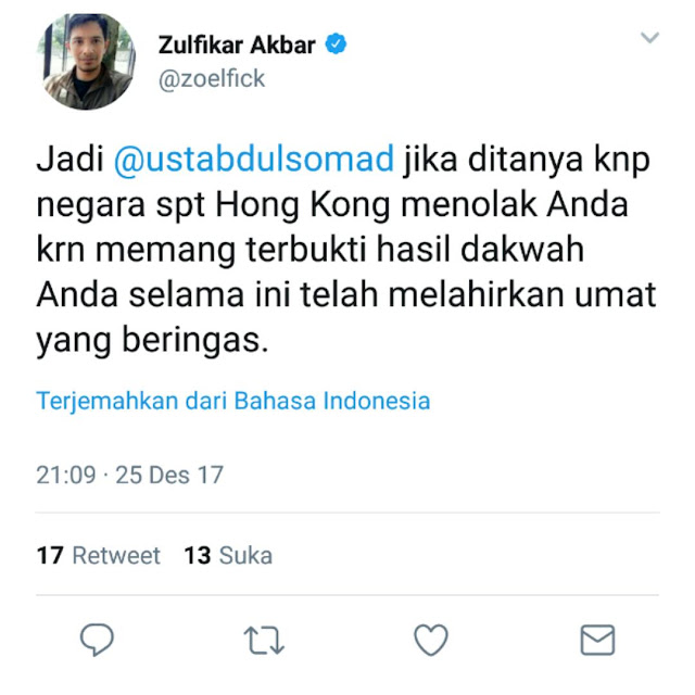 Sebut Ustadz Abdul Somad Lebih Dekat ke Setan, Zulfikar Akbar Dipecat Top Skor