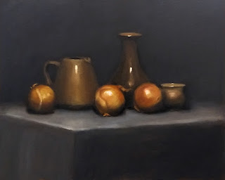 Still life oil painting of onions with brown ceramics.