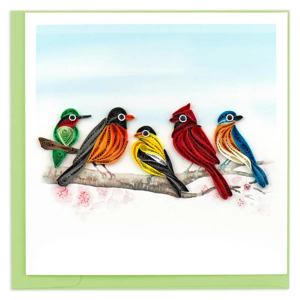 greeting card with five quilled birds on branch