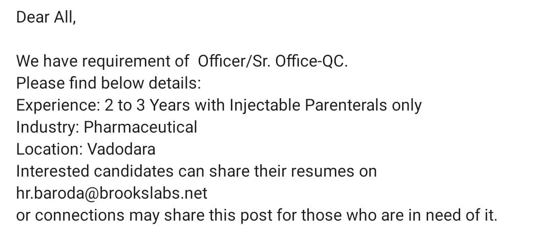 Job Availables, Brooks Lab Job Opening For Injectable QC Dept