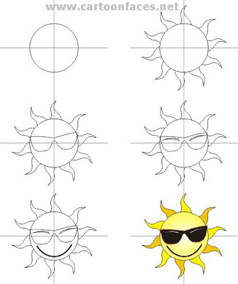 Creating a simple picture of cartoon sun character with glasses in smile