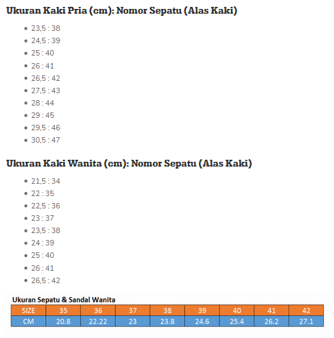 tabel ukuran dan nomor sepatu atau sandal