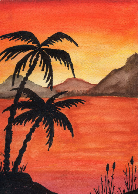 Palmeras al atardecer,hecho con lapices de colores acuareleables Aquacolor Aquarell de Lyra