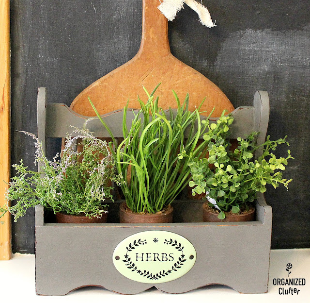Photo of a spice rack repurposed as an herb pot display.