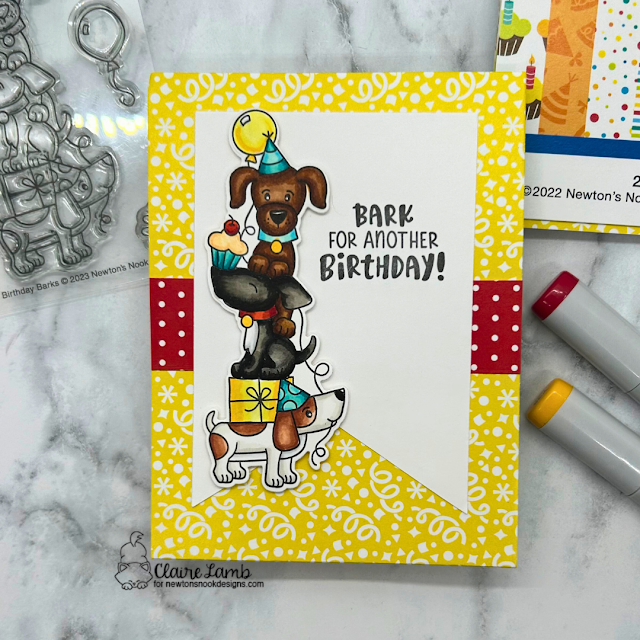 Claire's birthday card features Birthday Barks, Birthday Party, and Meowy Christmas by Newton's Nook Designs; #inkypaws, #newtonsnook, #puppycards, #birthdaycards, #cardmaking, #cardchallenge