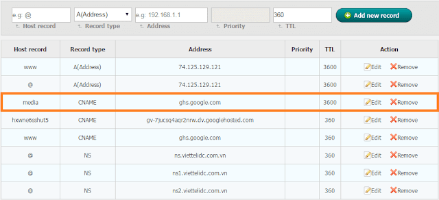 Thêm một bản ghi cho Subdomain