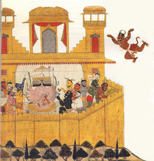 While Ravana sits in council of war, the demon spy Suka, after being released the Rama, flies back to warn Ravana of the approach of Rama’s army.