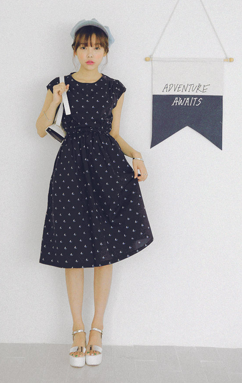 Midi Ribbon Dress with Sailboat Prints