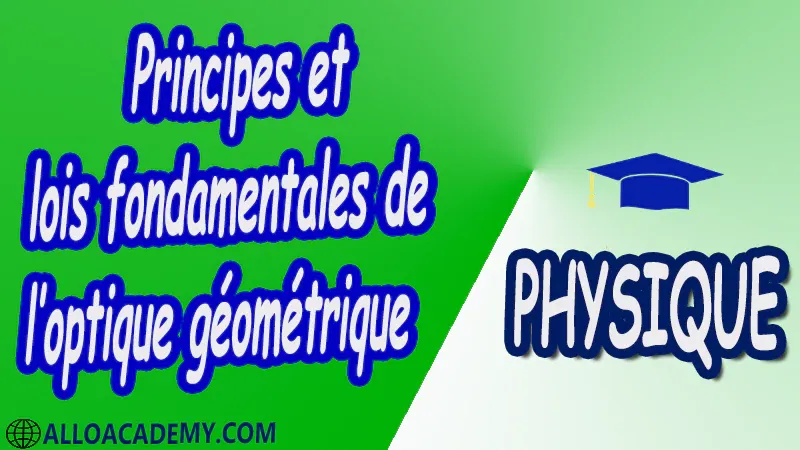 Principes et lois fondamentales de l’optique géométrique pdf Physique Optique géométrique postulats indice d’un milieu rayon lumineux espace objet espace image principe de Fermat lois de Snell-Descartes stigmatisme approximation de Gauss Miroirs et Dioptres plans et sphériques prisme Fibres optiques Systèmes centrés éléments cardinaux lentilles Instruments d'optique lunette astronomique télescope loupe microscope