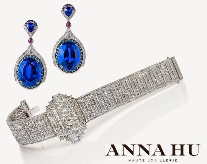 Anna Hu Haute Joaillerie's Wallis Simpson Bracelet and Modern Art Deco Earrings in Sapphires