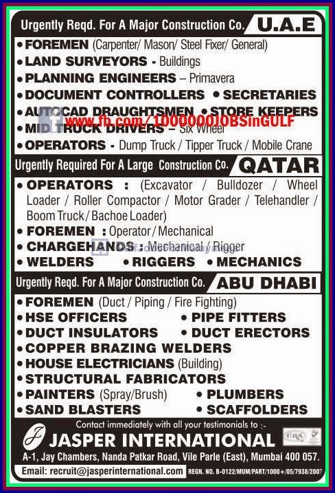 Urgently Required for a Major Construction company jobs for UAE, Qatar & Abudhabi