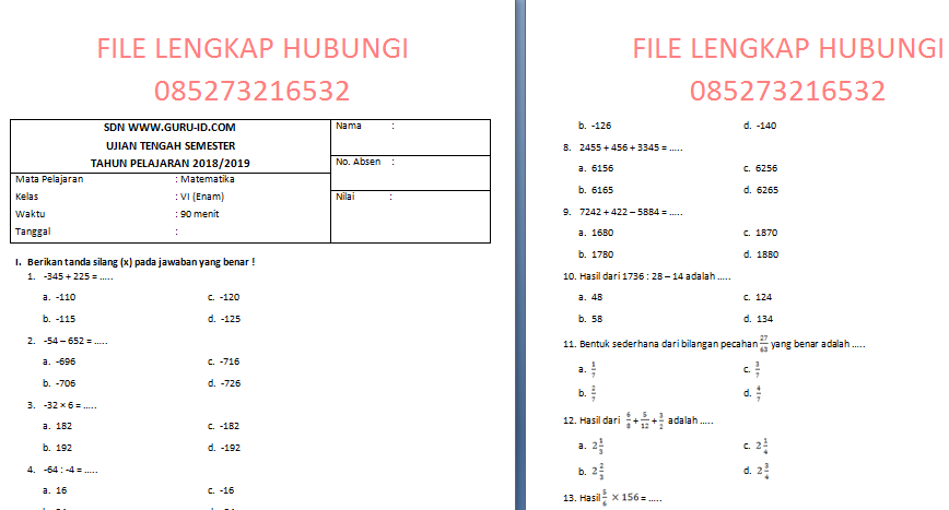 Soal Matematika kelas 6 Kurikulum 2013 Untuk PTS dan Kunci 