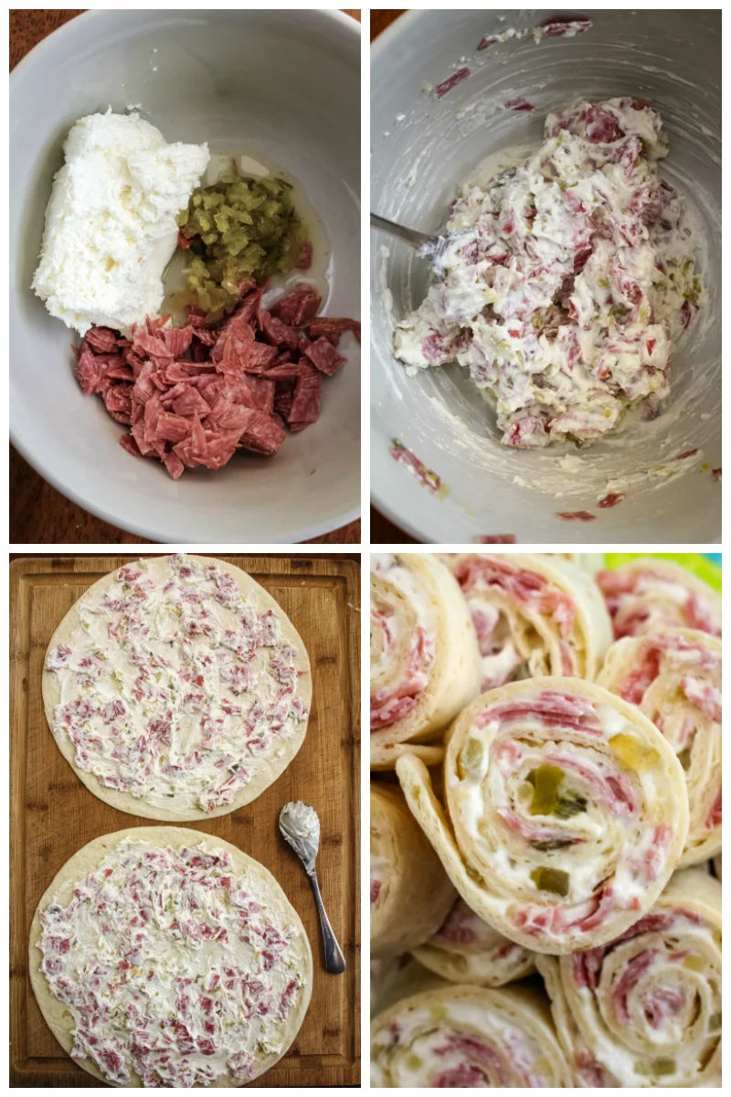 Salami Pinwheels are easy to make with just four simple ingredients! They make a fun and tasty snack, lunch, or party food. #salami #appetizer #fingerfood