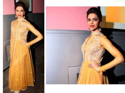  Deepika Padukone in a Sonaakshi Raaj silk sari with pretty lace placement and embroidery.