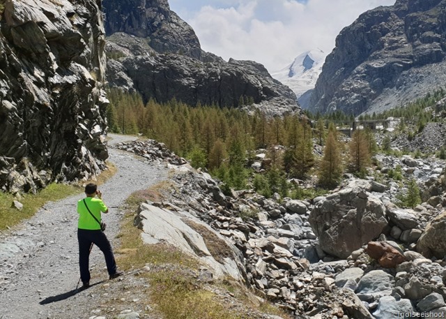 the rugged terrain of the glacier valley with the Gorner Glacier in the distance.