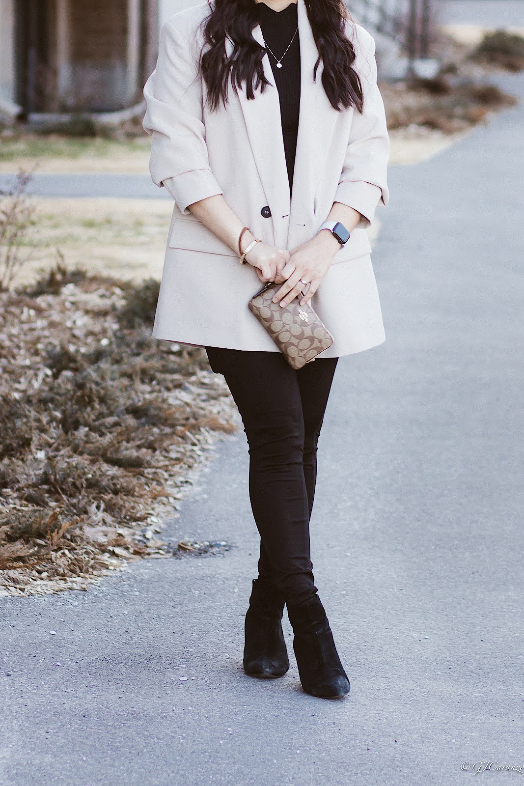 Zara Oversized Blazer_Tights_Steve Madden Suede Booties_Gucci Sunglasses_HM Hat_Coach Wrislet_Petite Fashion_Spring Outfit_Neutral Outfit_Chic Look
